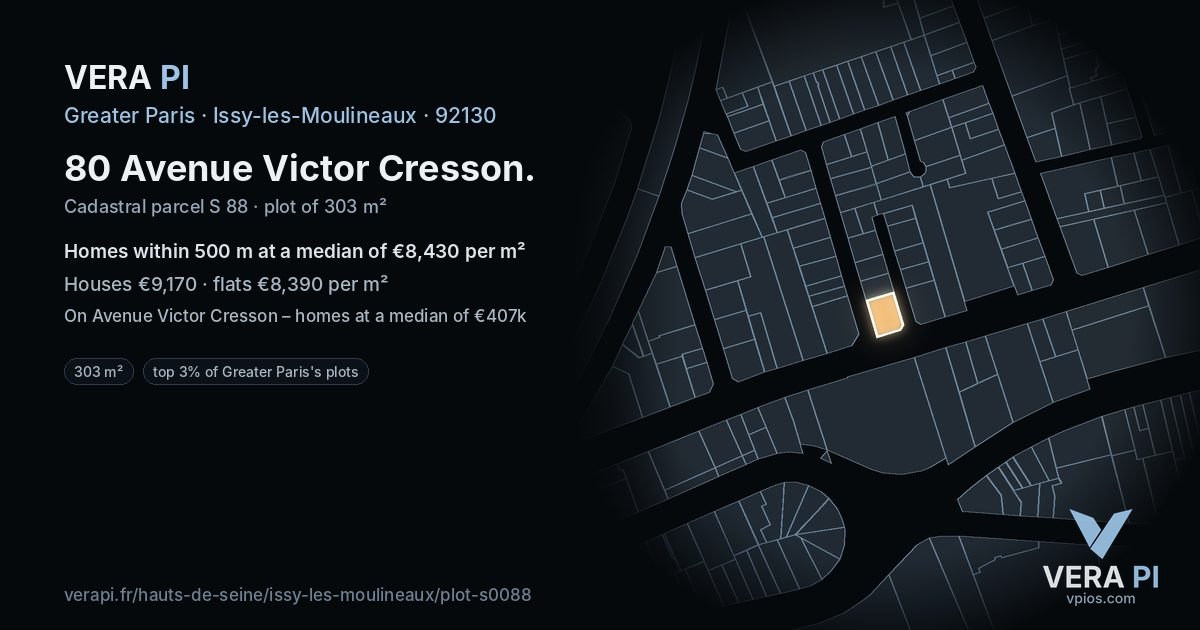 80 Avenue Victor Cresson, Issy-les-Moulineaux at night – the plot lit, the parcels around coloured by the prices near them