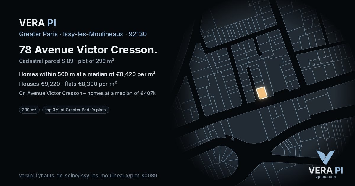 78 Avenue Victor Cresson, Issy-les-Moulineaux at night – the plot lit, the parcels around coloured by the prices near them