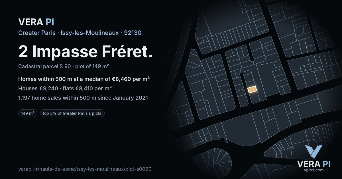 2 Impasse Fréret, Issy-les-Moulineaux at night – the plot lit, the parcels around coloured by the prices near them