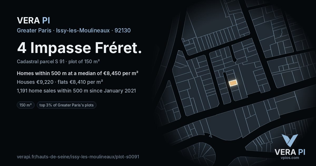 4 Impasse Fréret, Issy-les-Moulineaux at night – the plot lit, the parcels around coloured by the prices near them