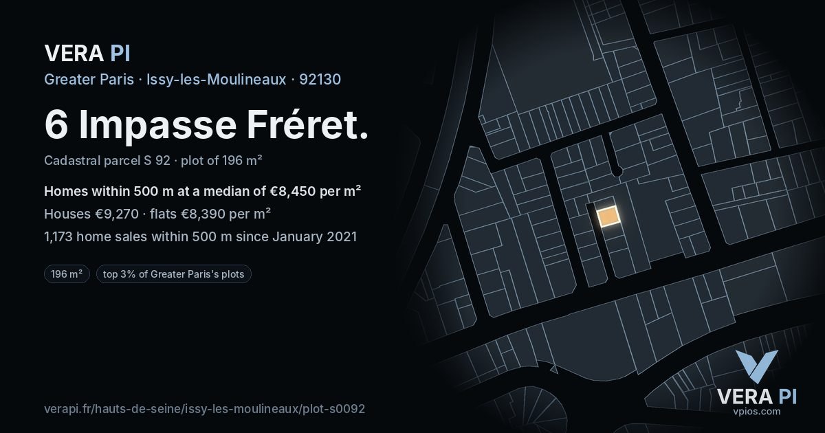 6 Impasse Fréret, Issy-les-Moulineaux at night – the plot lit, the parcels around coloured by the prices near them