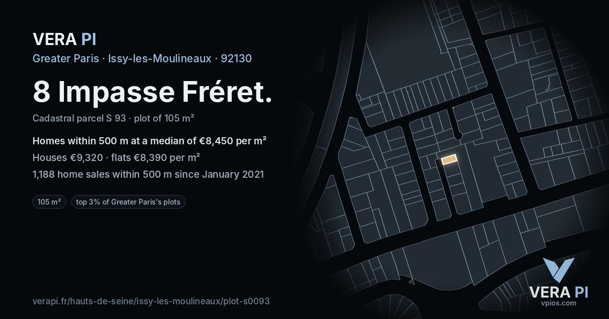 8 Impasse Fréret, Issy-les-Moulineaux at night – the plot lit, the parcels around coloured by the prices near them