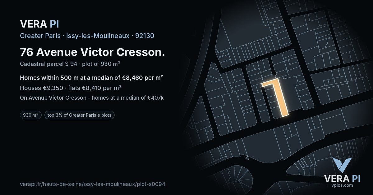 76 Avenue Victor Cresson, Issy-les-Moulineaux at night – the plot lit, the parcels around coloured by the prices near them