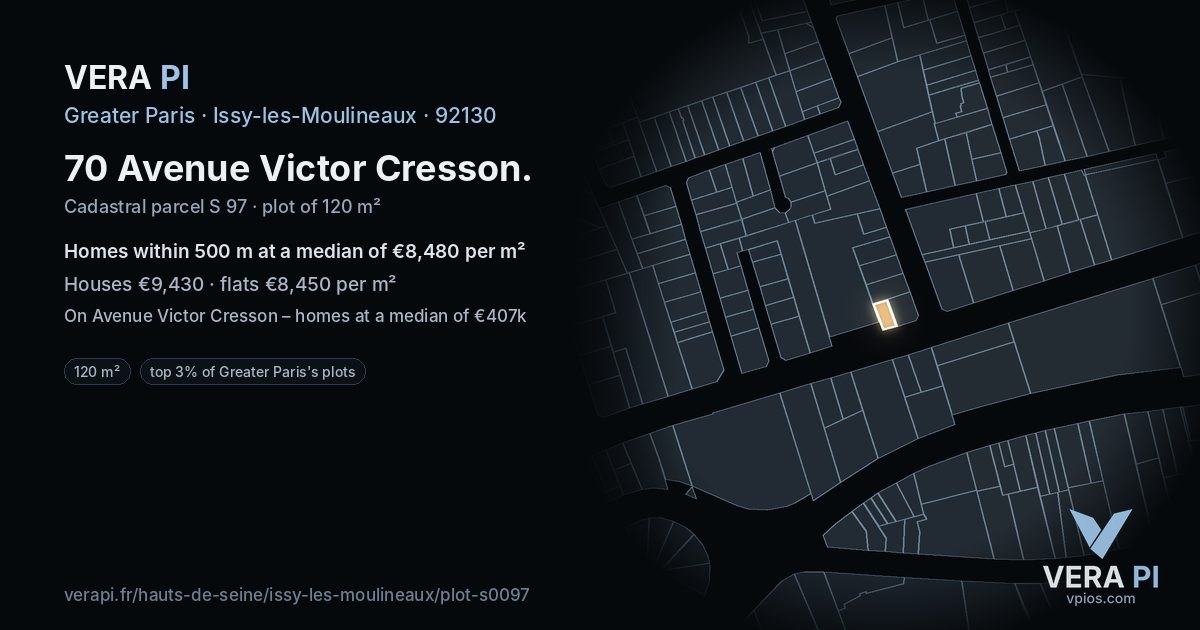 70 Avenue Victor Cresson, Issy-les-Moulineaux at night – the plot lit, the parcels around coloured by the prices near them