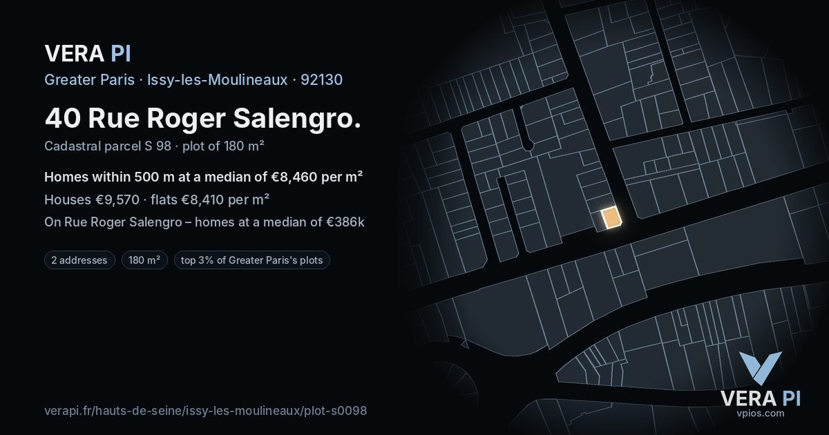 40 Rue Roger Salengro, Issy-les-Moulineaux at night – the plot lit, the parcels around coloured by the prices near them