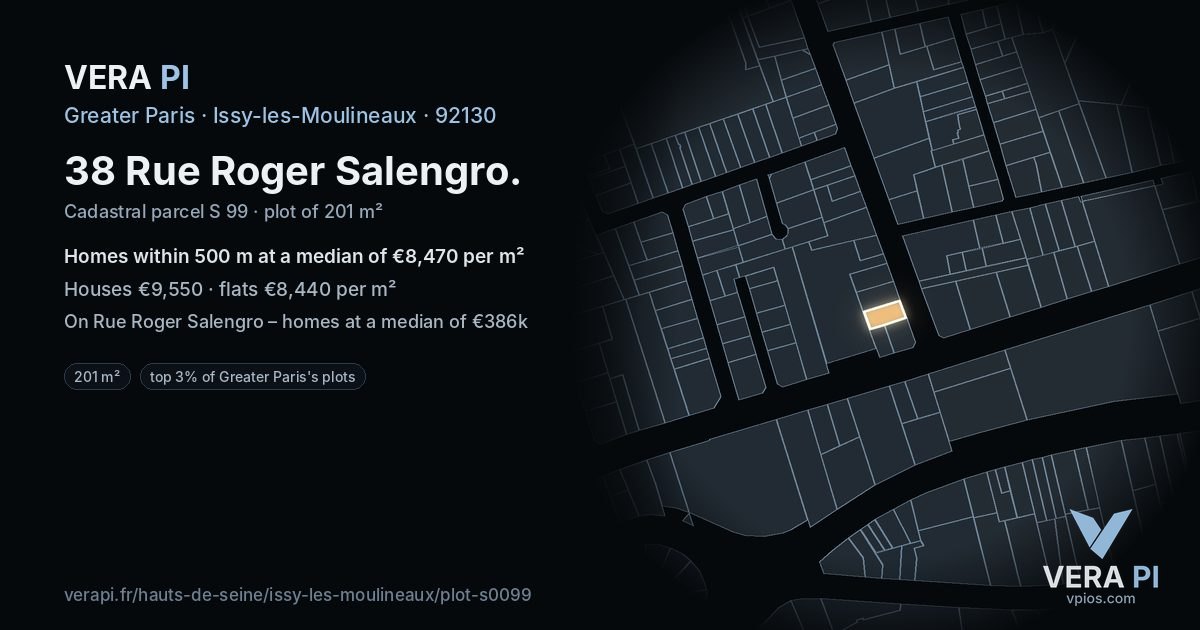 38 Rue Roger Salengro, Issy-les-Moulineaux at night – the plot lit, the parcels around coloured by the prices near them