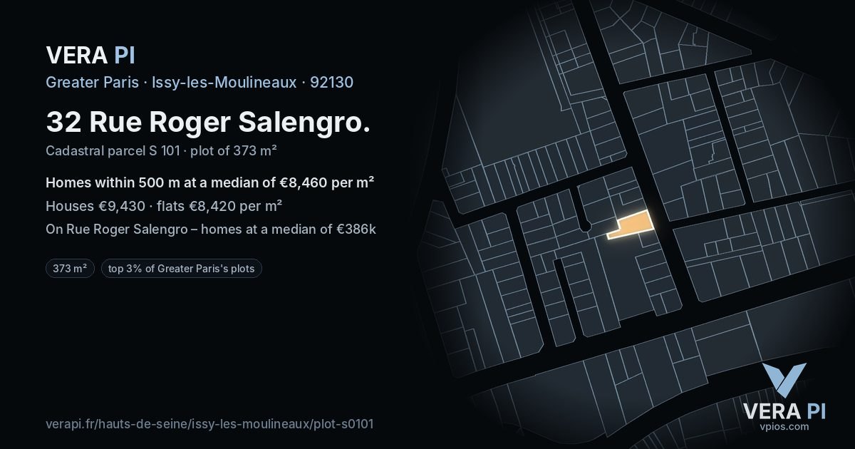 32 Rue Roger Salengro, Issy-les-Moulineaux at night – the plot lit, the parcels around coloured by the prices near them