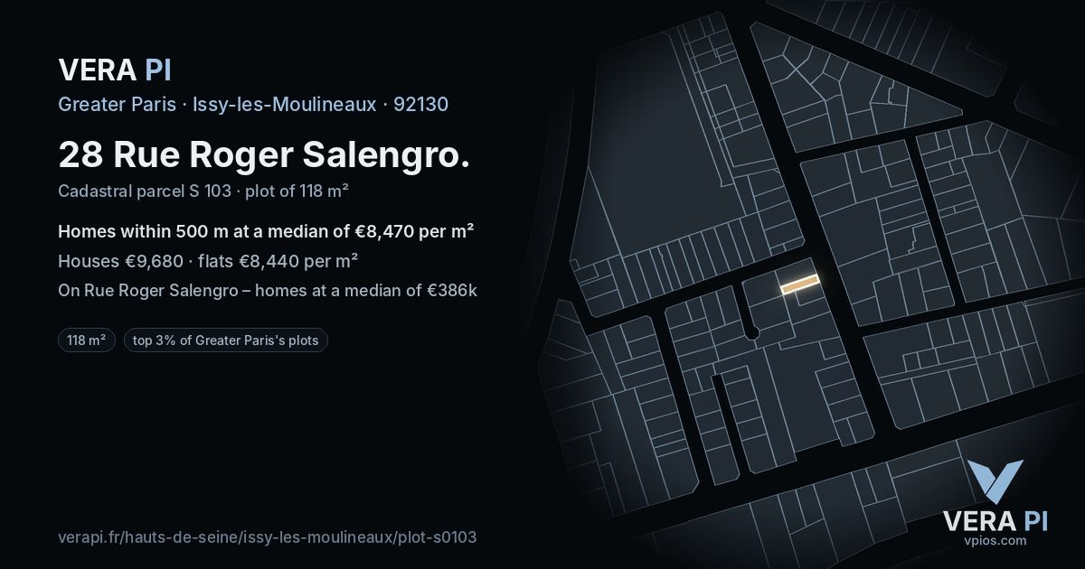 28 Rue Roger Salengro, Issy-les-Moulineaux at night – the plot lit, the parcels around coloured by the prices near them