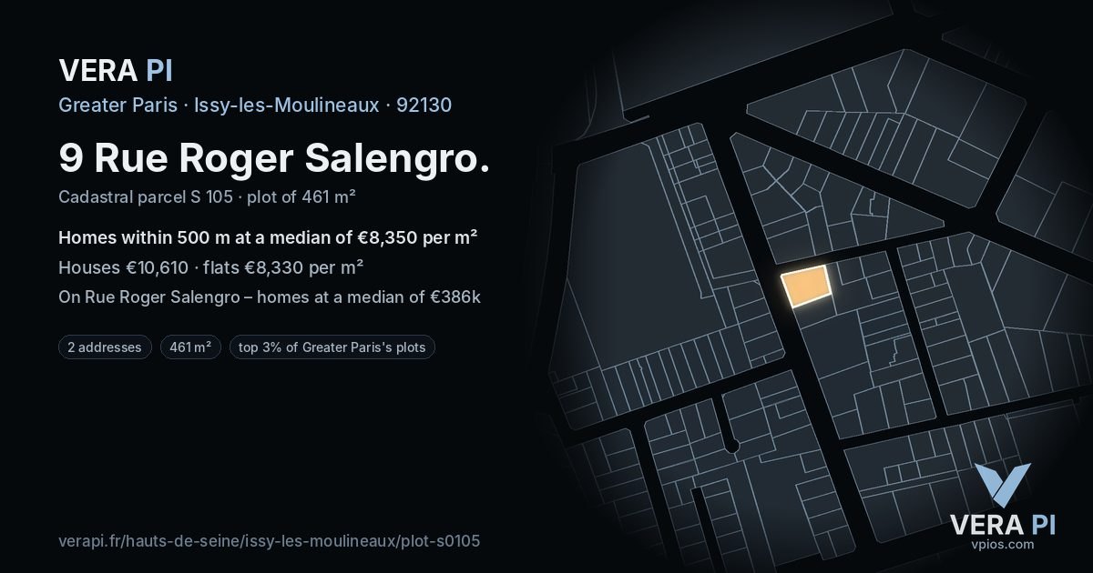 9 Rue Roger Salengro, Issy-les-Moulineaux at night – the plot lit, the parcels around coloured by the prices near them