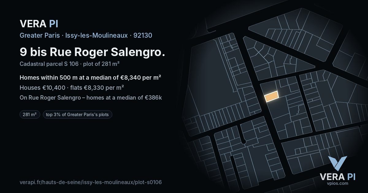 9 bis Rue Roger Salengro, Issy-les-Moulineaux at night – the plot lit, the parcels around coloured by the prices near them