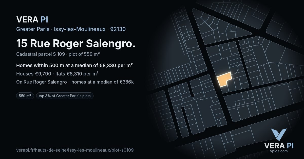 15 Rue Roger Salengro, Issy-les-Moulineaux at night – the plot lit, the parcels around coloured by the prices near them