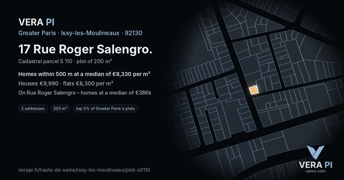 17 Rue Roger Salengro, Issy-les-Moulineaux at night – the plot lit, the parcels around coloured by the prices near them