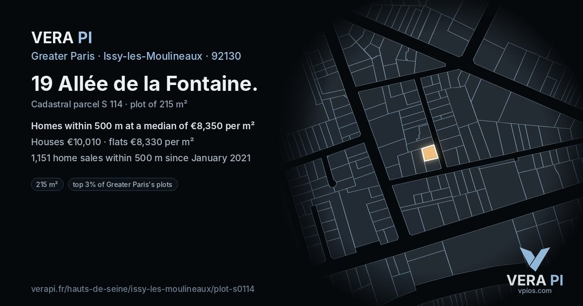 19 Allée de la Fontaine, Issy-les-Moulineaux at night – the plot lit, the parcels around coloured by the prices near them