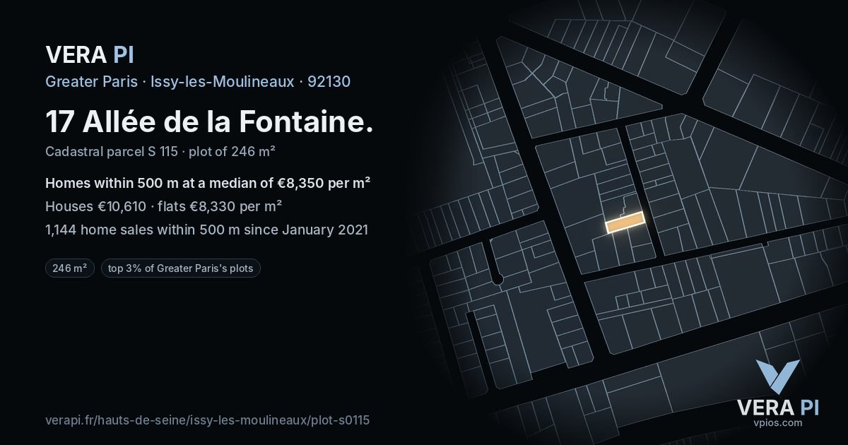 17 Allée de la Fontaine, Issy-les-Moulineaux at night – the plot lit, the parcels around coloured by the prices near them