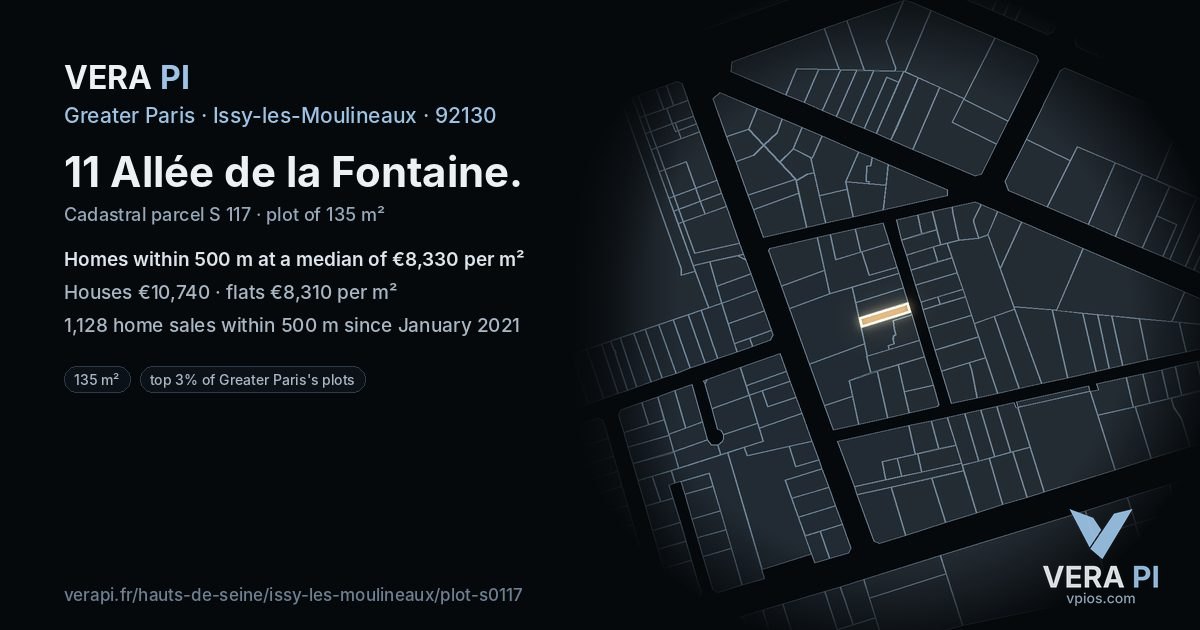 11 Allée de la Fontaine, Issy-les-Moulineaux at night – the plot lit, the parcels around coloured by the prices near them