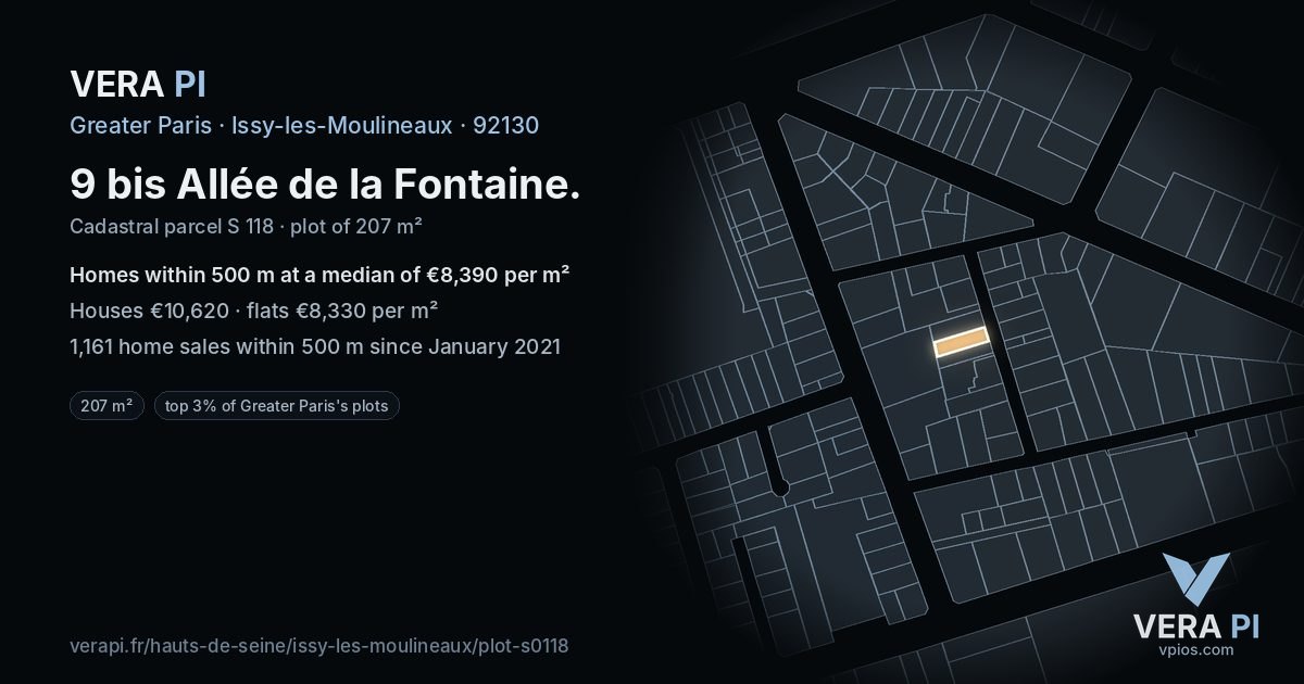 9 bis Allée de la Fontaine, Issy-les-Moulineaux at night – the plot lit, the parcels around coloured by the prices near them