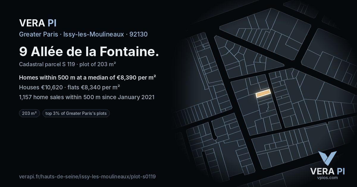 9 Allée de la Fontaine, Issy-les-Moulineaux at night – the plot lit, the parcels around coloured by the prices near them