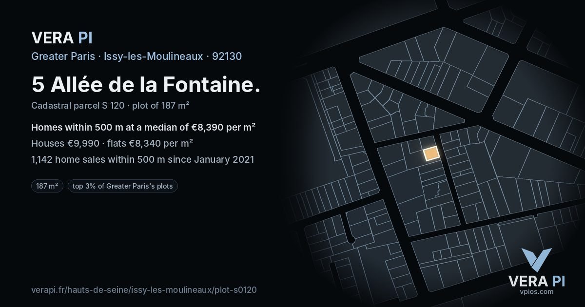 5 Allée de la Fontaine, Issy-les-Moulineaux at night – the plot lit, the parcels around coloured by the prices near them
