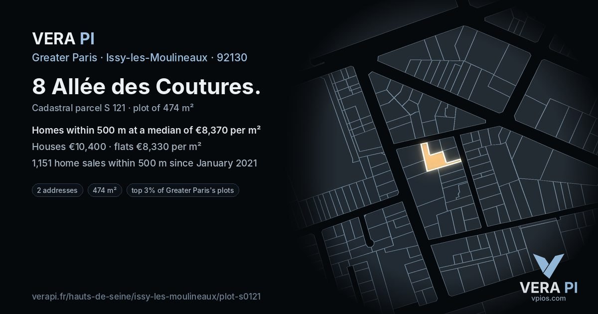 8 Allée des Coutures, Issy-les-Moulineaux at night – the plot lit, the parcels around coloured by the prices near them