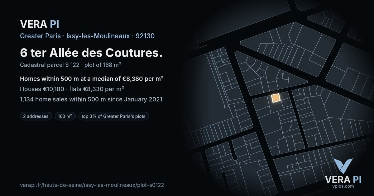 6 ter Allée des Coutures, Issy-les-Moulineaux at night – the plot lit, the parcels around coloured by the prices near them