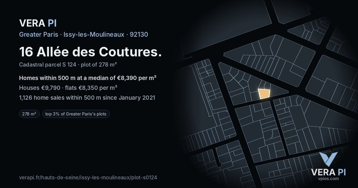 16 Allée des Coutures, Issy-les-Moulineaux at night – the plot lit, the parcels around coloured by the prices near them