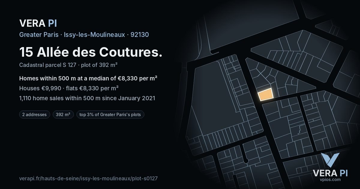 15 Allée des Coutures, Issy-les-Moulineaux at night – the plot lit, the parcels around coloured by the prices near them