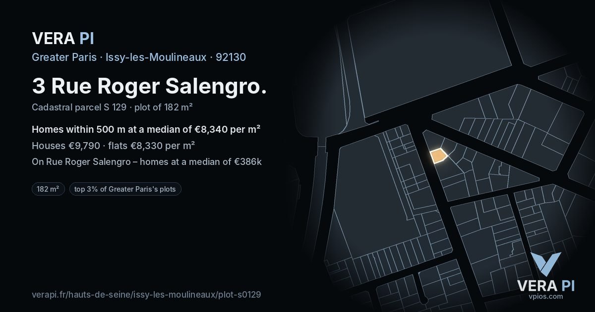 3 Rue Roger Salengro, Issy-les-Moulineaux at night – the plot lit, the parcels around coloured by the prices near them
