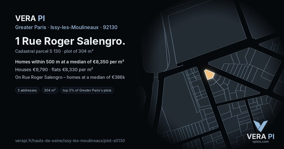 1 Rue Roger Salengro, Issy-les-Moulineaux at night – the plot lit, the parcels around coloured by the prices near them