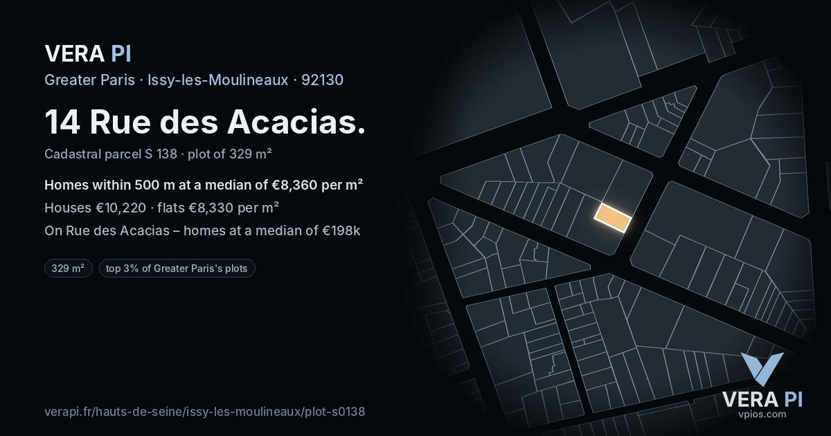 14 Rue des Acacias, Issy-les-Moulineaux at night – the plot lit, the parcels around coloured by the prices near them