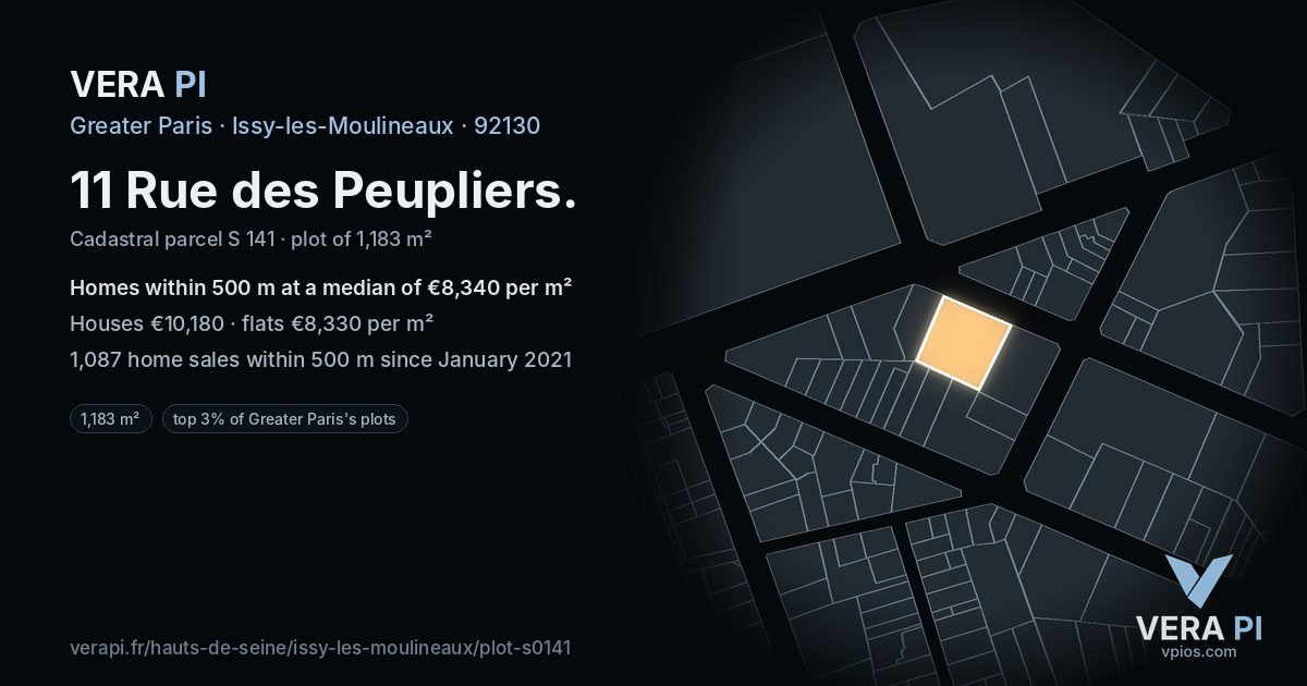 11 Rue des Peupliers, Issy-les-Moulineaux at night – the plot lit, the parcels around coloured by the prices near them