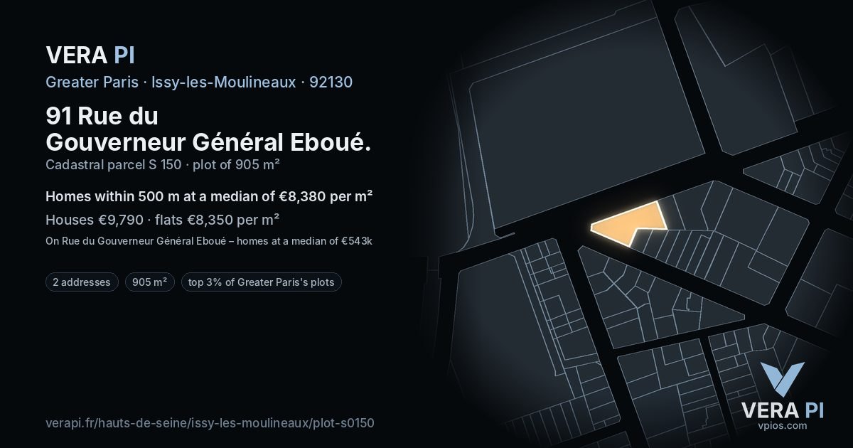 91 Rue du Gouverneur Général Eboué, Issy-les-Moulineaux at night – the plot lit, the parcels around coloured by the prices near them