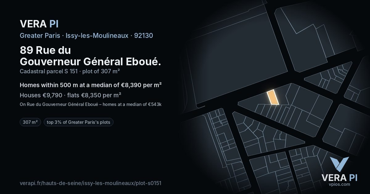 89 Rue du Gouverneur Général Eboué, Issy-les-Moulineaux at night – the plot lit, the parcels around coloured by the prices near them