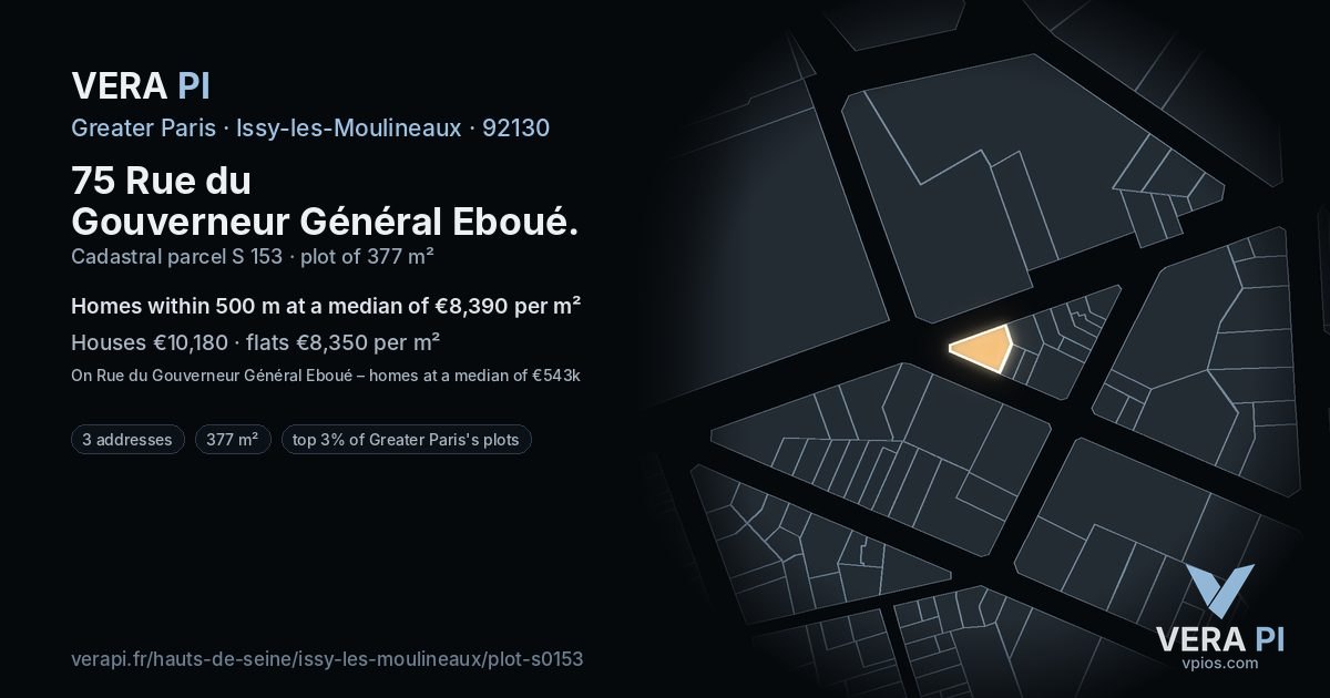 75 Rue du Gouverneur Général Eboué, Issy-les-Moulineaux at night – the plot lit, the parcels around coloured by the prices near them