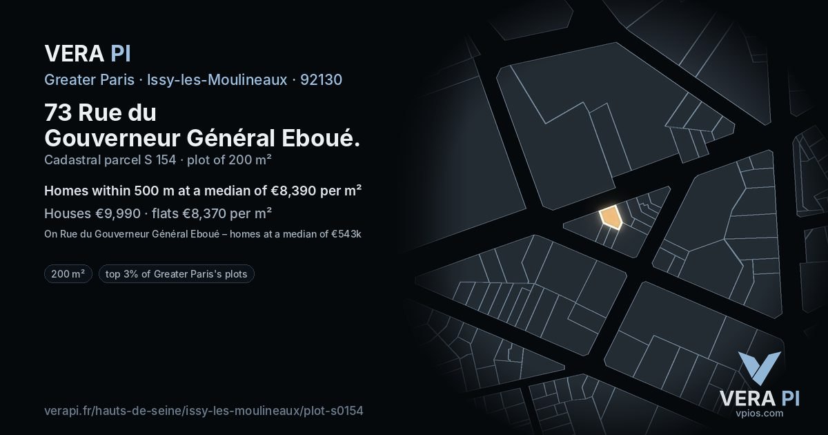 73 Rue du Gouverneur Général Eboué, Issy-les-Moulineaux at night – the plot lit, the parcels around coloured by the prices near them