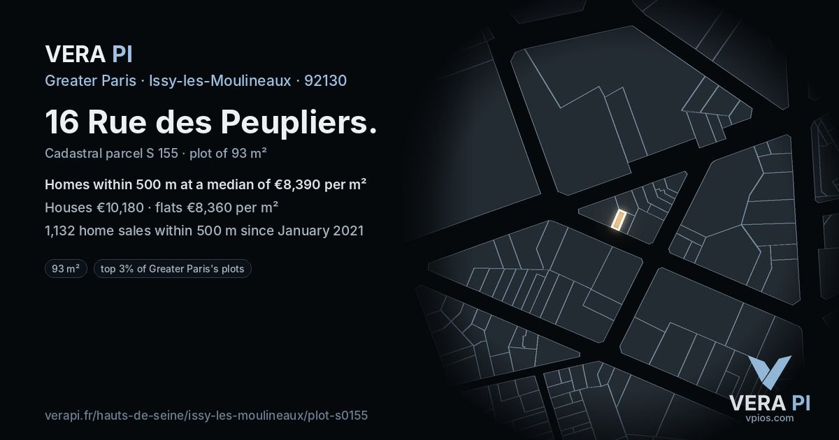 16 Rue des Peupliers, Issy-les-Moulineaux at night – the plot lit, the parcels around coloured by the prices near them