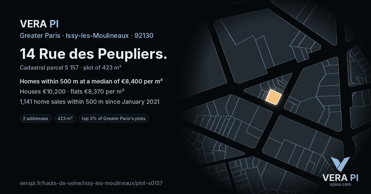 14 Rue des Peupliers, Issy-les-Moulineaux at night – the plot lit, the parcels around coloured by the prices near them