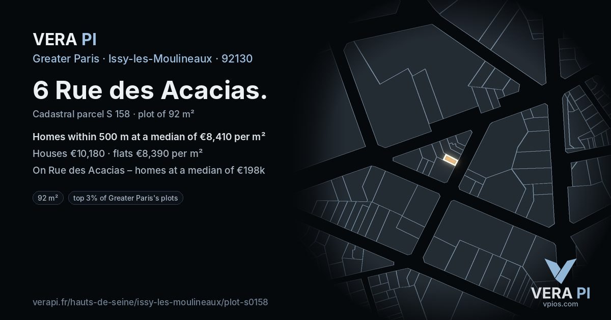 6 Rue des Acacias, Issy-les-Moulineaux at night – the plot lit, the parcels around coloured by the prices near them