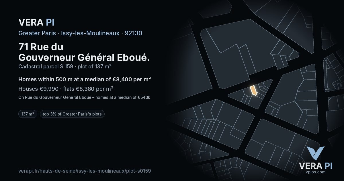 71 Rue du Gouverneur Général Eboué, Issy-les-Moulineaux at night – the plot lit, the parcels around coloured by the prices near them