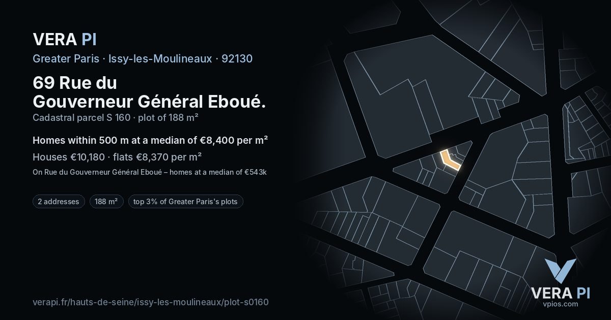 69 Rue du Gouverneur Général Eboué, Issy-les-Moulineaux at night – the plot lit, the parcels around coloured by the prices near them