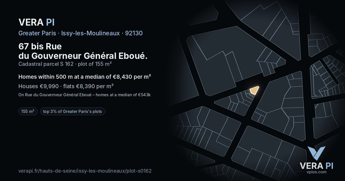67 bis Rue du Gouverneur Général Eboué, Issy-les-Moulineaux at night – the plot lit, the parcels around coloured by the prices near them