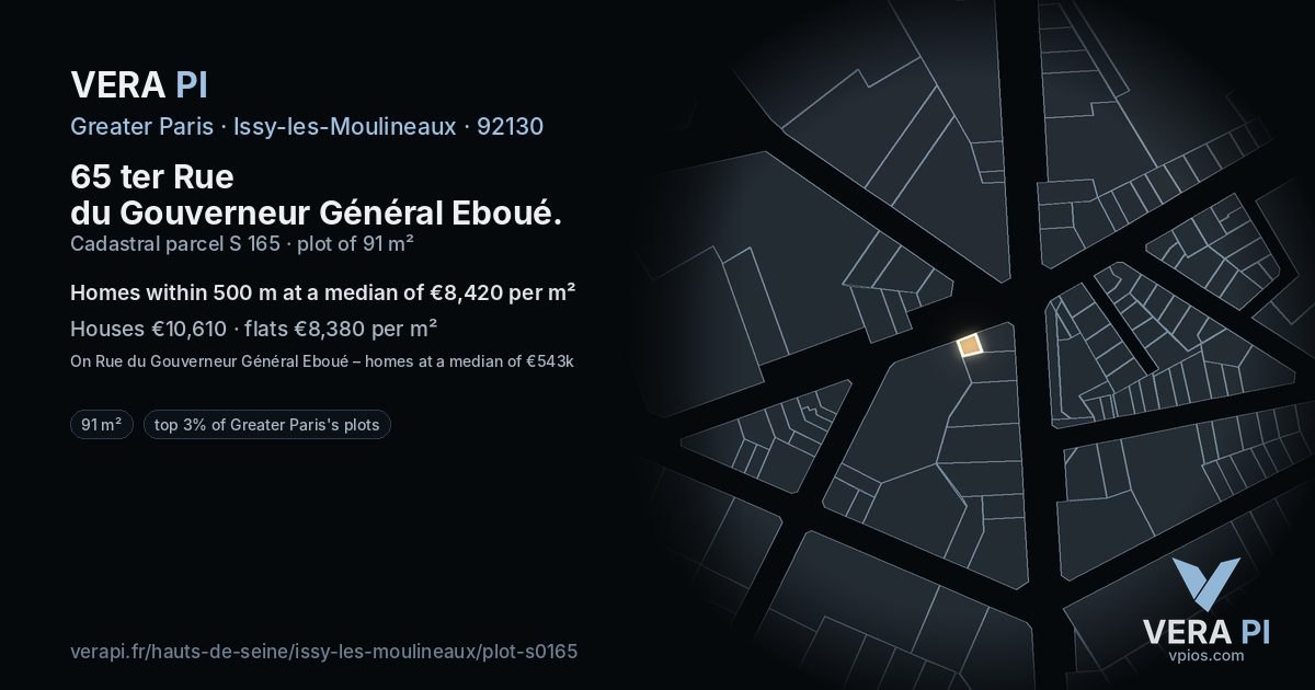 65 ter Rue du Gouverneur Général Eboué, Issy-les-Moulineaux at night – the plot lit, the parcels around coloured by the prices near them