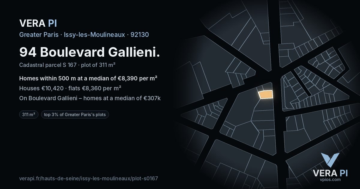 94 Boulevard Gallieni, Issy-les-Moulineaux at night – the plot lit, the parcels around coloured by the prices near them