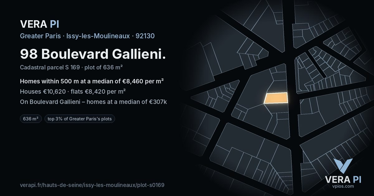 98 Boulevard Gallieni, Issy-les-Moulineaux at night – the plot lit, the parcels around coloured by the prices near them