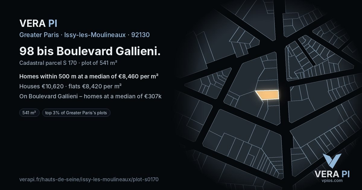 98 bis Boulevard Gallieni, Issy-les-Moulineaux at night – the plot lit, the parcels around coloured by the prices near them