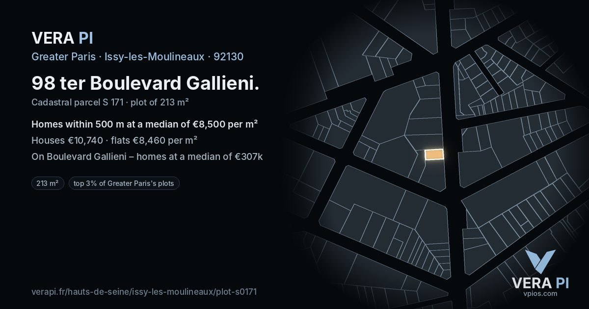 98 ter Boulevard Gallieni, Issy-les-Moulineaux at night – the plot lit, the parcels around coloured by the prices near them