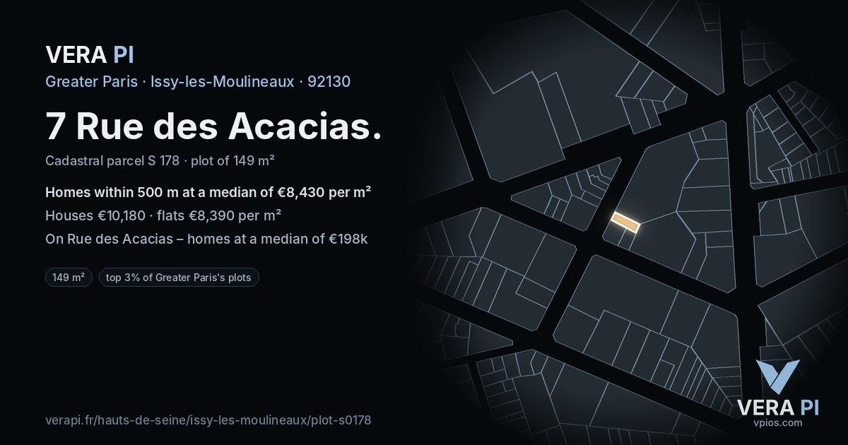 7 Rue des Acacias, Issy-les-Moulineaux at night – the plot lit, the parcels around coloured by the prices near them