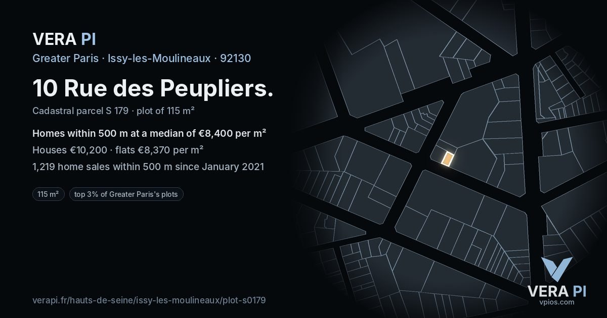 10 Rue des Peupliers, Issy-les-Moulineaux at night – the plot lit, the parcels around coloured by the prices near them