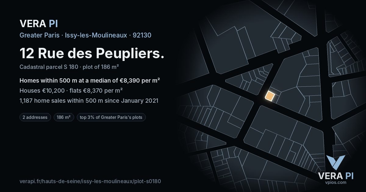 12 Rue des Peupliers, Issy-les-Moulineaux at night – the plot lit, the parcels around coloured by the prices near them