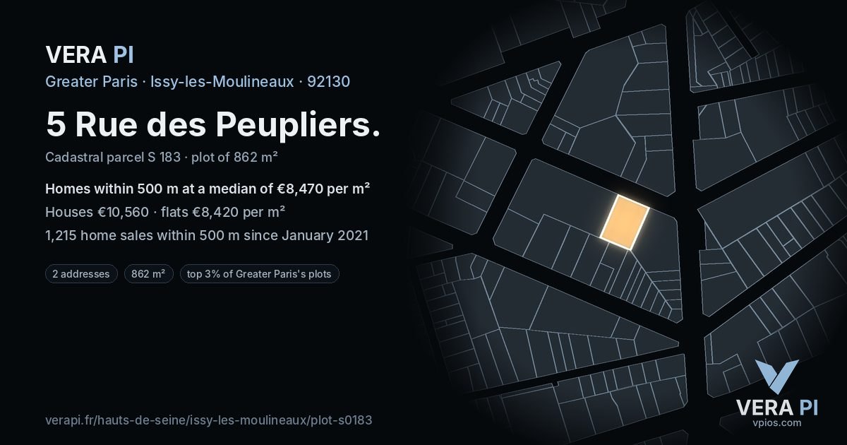 5 Rue des Peupliers, Issy-les-Moulineaux at night – the plot lit, the parcels around coloured by the prices near them