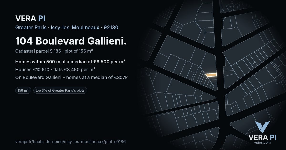 104 Boulevard Gallieni, Issy-les-Moulineaux at night – the plot lit, the parcels around coloured by the prices near them
